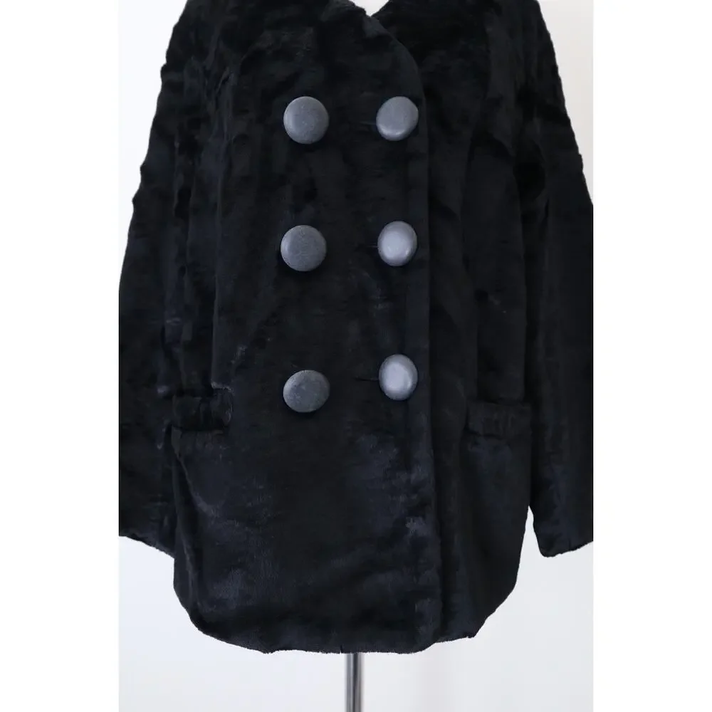 Vintage 1960s Styled By Winter Size L Faux Fur Teddy Coat Double Breasted Black